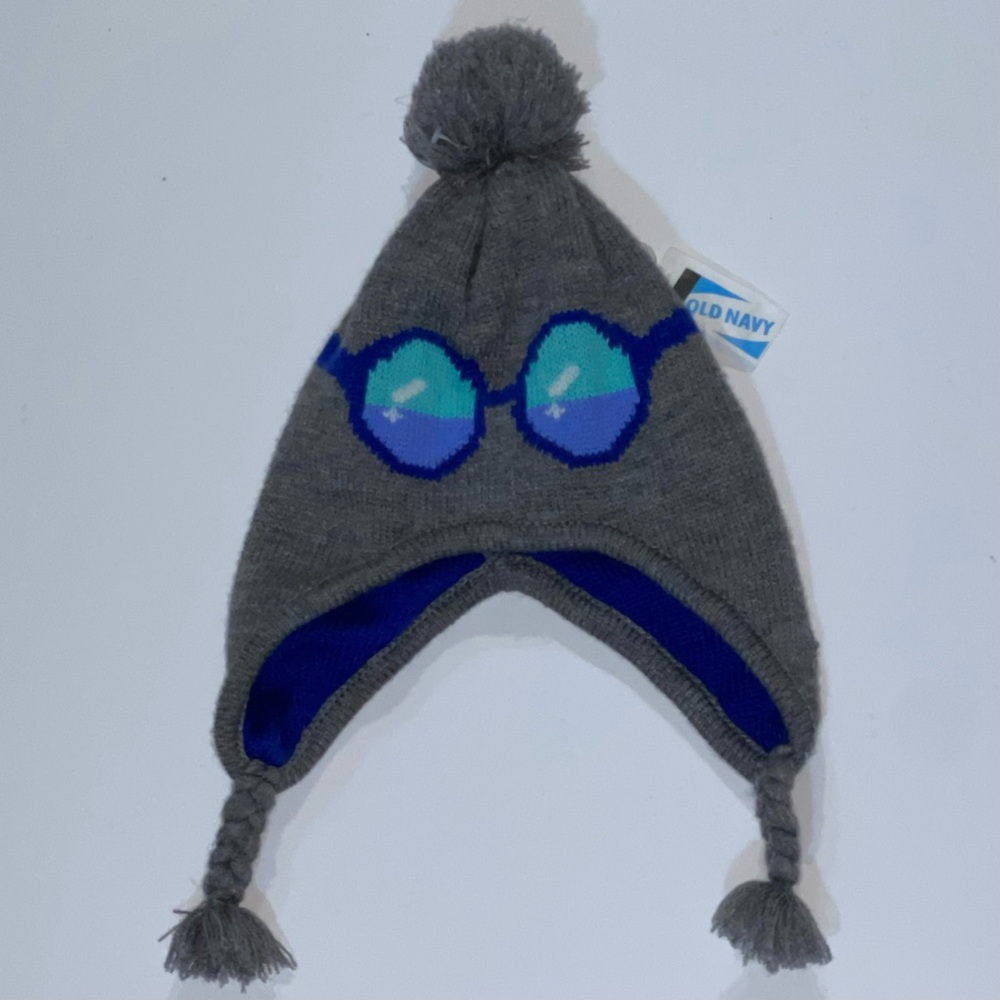 Old Navy Gray Blue Glasses Sweater Trapper Hat, Size Youth L/XL